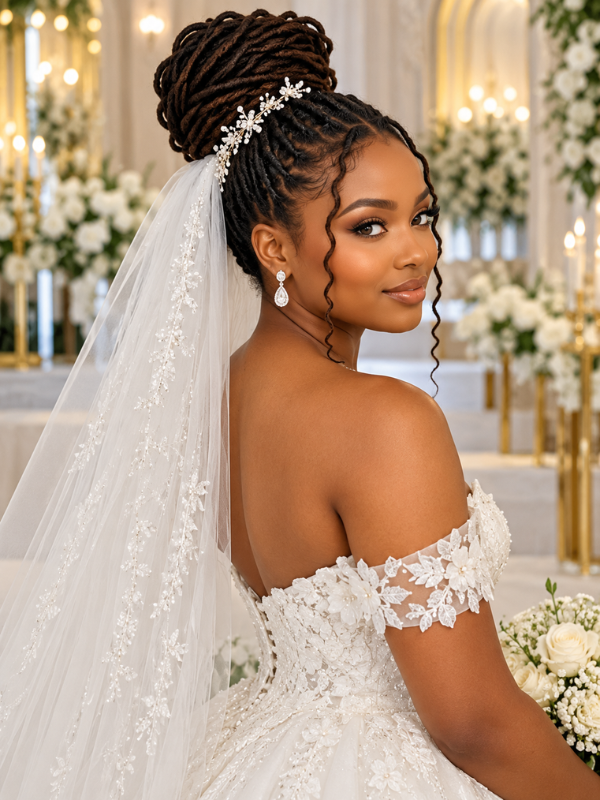 High-Bun-Veil-Locs-Wedding-Hairstyle