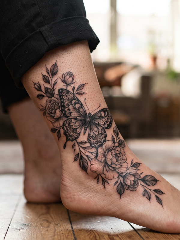 Butterfly-and-Flower-Ankle-Tattoo