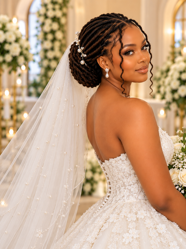 Locs-Chignon-With-a-Bridal-Veil